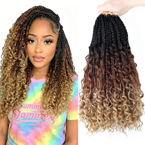Miniatura 29 de LMZIM 18 Pulgadas Trenzas de Caja Bohemias 8 Paquetes Trenzas de Caja de Diosa Bohemia Cabello de Ganchillo con Puntas Rizadas Cabello de Ganchillo