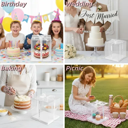 Miniatura 7 de 6 cajas transparentes para pasteles con cinta de 2 capas de 10 x 10 x 10 pulgadas, caja transportadora de pasteles transparente con tapas, cajas