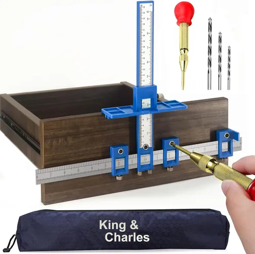 Miniatura 8 de Plantilla de herrajes para gabinete King&Charles, plantilla de manijas de gabinete de metal + punzón automático de agujeros + brocas de punta, uso