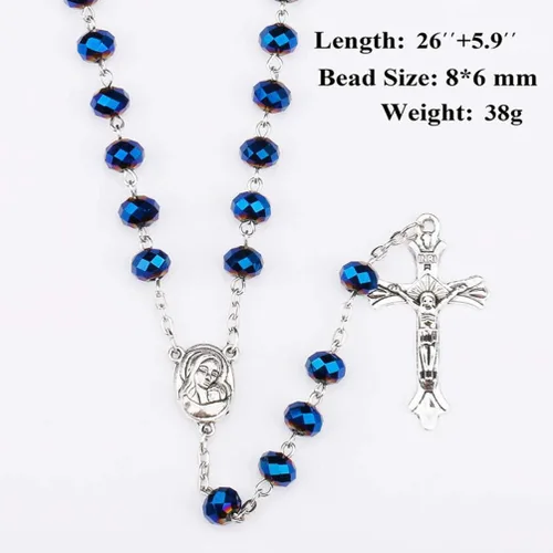 Miniatura 2 de Collar católico de rosario de cuentas de cristal azul profundo, oración católica Jerusalén Medalla del suelo sagrado cruz tierra santa antigua