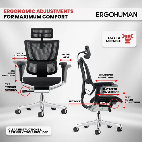 Miniatura 7 de Ergohuman Eurotech ME2ERG-XTREME - Silla de oficina de malla con respaldo alto con control de tensión de inclinación, bloqueo de inclinación, ángulo