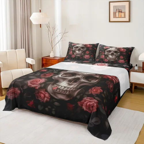Miniatura 22 de Erosebridal Juego de sábanas de polilla de la muerte, diseño de calavera gótica, tamaño individual, juego de sábanas de flores botánicas con diseño