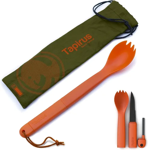 Miniatura 5 de Tapirus Spork Tactical - Paquete de 2 tenedores tácticos naranja/verde, sin BPA, cuchillo de acero inoxidable y arrancador de fuego, utensilio