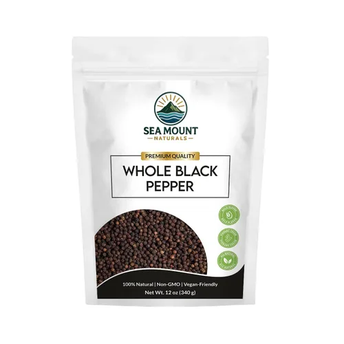 Sea Mount Naturals Tellicherry - Granos de pimienta negra, 12 onzas (11.99 oz) | Pimienta negra entera natural para molinillos | Kosher, sin OMG