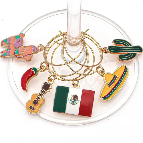 Miniatura 6 de Amuletos de copa de vino de México, idea de regalo mexicana, decoración de fiesta, juego de 6 amuletos incluye: piñata, bandera mexicana, pimiento