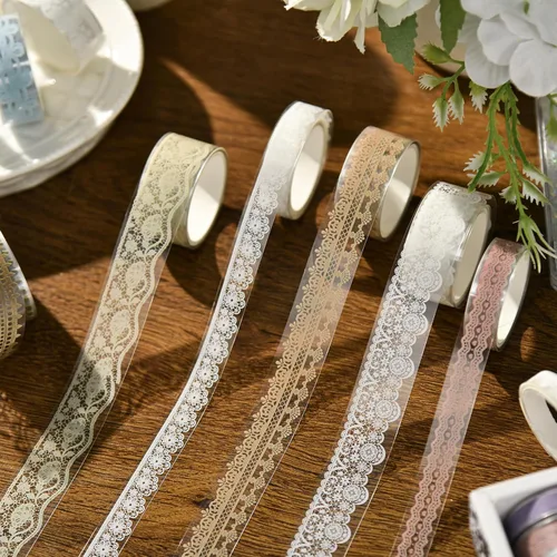 Miniatura 9 de 6 rollos de cintas de PET con patrones de encaje de artes florales, juego de cintas decorativas adhesivas transparentes de enmascarar para Suave
