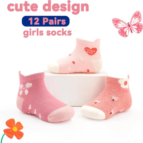 Miniatura 6 de Tphon Toddler Girls Socks with Grips Baby Anti Slip Ankle Socks 12 Pairs Kids Cute Cartoon Patterns Sock for 6M-7Years