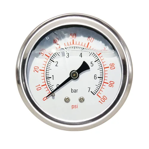 Medidor de presión 1/4" NPT 0-100Psi de relleno de glicerina, esfera de 2 1/2 pulgadas, caja de acero inoxidable 304, montaje inferior central