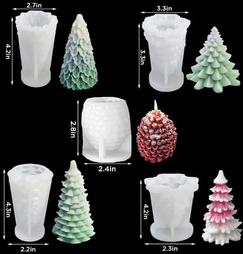 Miniatura 2 de 5 moldes de silicona de Navidad, 4 moldes de silicona para velas de árbol de Navidad y cono de pino, molde en forma de tema de Navidad para velas