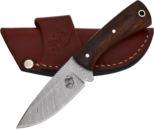 Knives Ranch Cuchillo EDC de hoja fija con funda de transporte horizontal, hoja de damasco, esencial de vaquero con funda de cuero, mango de