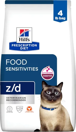 Alimento seco Hill's Prescription Diet z/d para sensibilidades cutáneas/alimentarias hidrolizadas para gatos, dieta veterinaria, bolsa de 4 lb