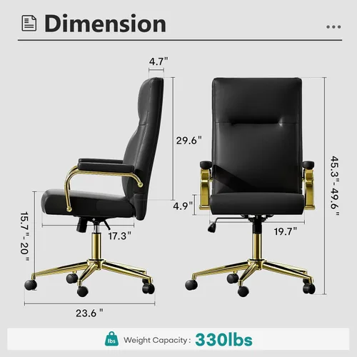 Miniatura 2 de Silla de escritorio de oficina negra y dorada, espuma viscoelástica, respaldo alto, silla de oficina ejecutiva de cuero con ruedas y brazos