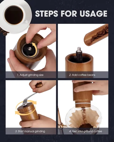 Miniatura 6 de POLIVIAR - Molinillo de café manual, molinillo de granos de café con rebabas de cerámica ajustables, molinillo de café de mano de madera