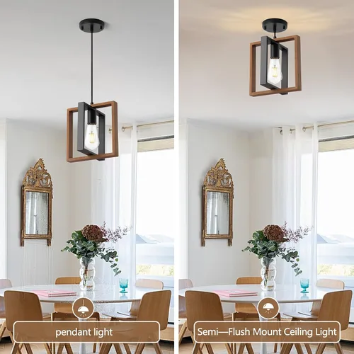 Miniatura 5 de 9MMML Iluminación colgante industrial pequeña, lámpara colgante de cocina estilo granja con cable, madera+metal, 1 luz E26 para comedor dormitorio