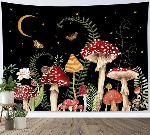 Miniatura 48 de LB Tapiz de hongos para colgar en la pared, luna y estrella en beige, tapiz de pared para dormitorio, estética de planta verde, arte de pared