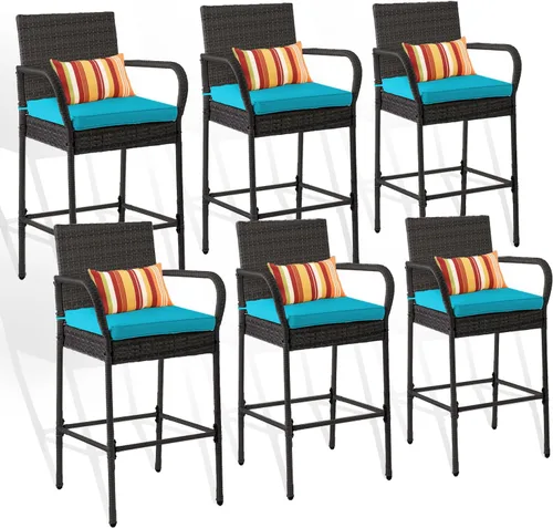 Miniatura 9 de Sundale Outdoor Juego de 2 taburetes de bar, 2 taburetes de mimbre de ratán, sillas de bar para patio con brazos, cojín azul, muebles de mimbre