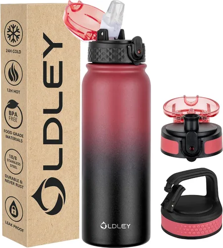 Miniatura 19 de Oldley Botella de Agua Aislada con Pajilla de 20oz, Botellas de Agua de Acero Inoxidable con 3 Tapas, Aislamiento al Vacío de Doble Pared Térmica