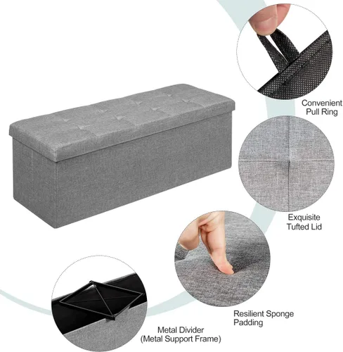Miniatura 5 de GLOBALWAY HW65883SL Banco de almacenamiento plegable plateado, marco de metal, capacidad de peso de 350 libras, almacenamiento oculto de 120 litros