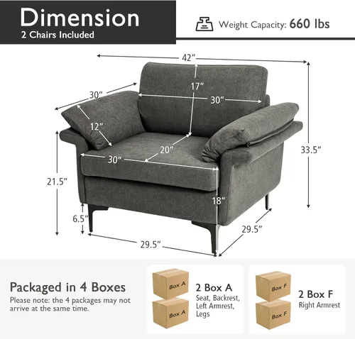 Miniatura 3 de Giantex Juego de 2 sofás individuales, silla decorativa, con cómodo cojín de 5 pulgadas, reposabrazos con cremallera, patas de acero, sillón de sala