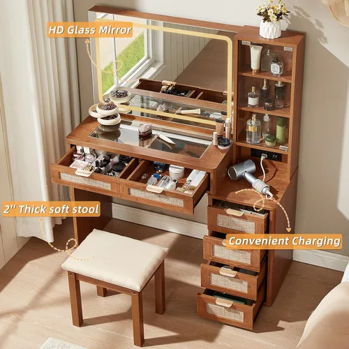 Miniatura 5 de LEYAOYAO - Escritorio de ratán con espejo y luces, tocador de maquillaje estilo bohemio de 43.5'' con 6 cajones y estantes ajustables, tocador