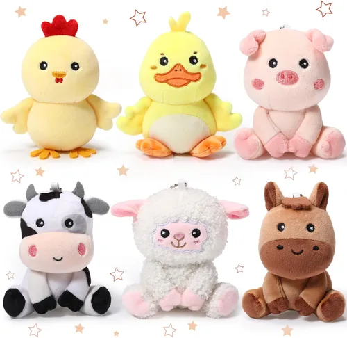 Aoriher 6 piezas de mini animales de granja de felpa a granel de 4 pulgadas lindos animales de peluche de caballo, vaca, cerdo, oveja, pato pollito