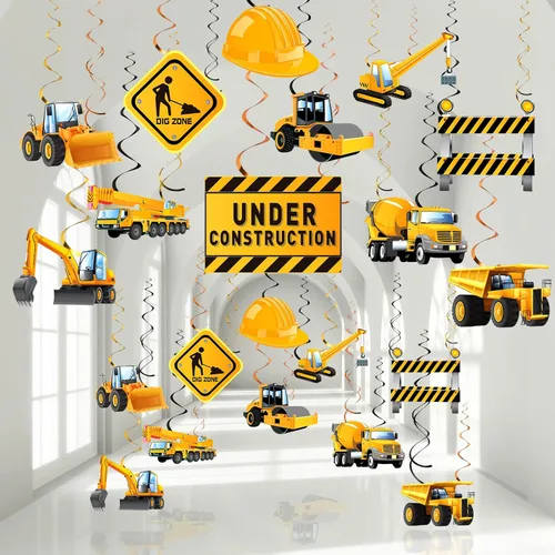 Blulu 30 piezas de suministros de construcción para fiesta de cumpleaños, decoración de construcción, zona de fiesta, remolino colgante, zona de
