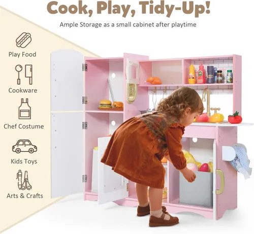 Miniatura 3 de TODEFULL Juego de cocina de madera para niños, modernos juegos de cocina de madera con estufa de cocina, horno, microondas y máquina de hielo