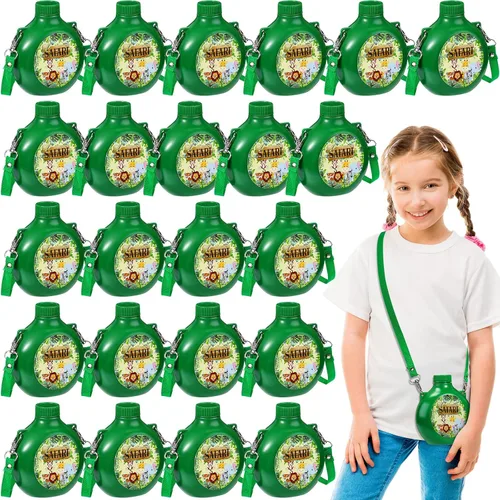Eaasty Juego de 24 suministros para fiestas de safari en la selva, comedores infantiles con correa, botella de agua reutilizable de plástico de 10