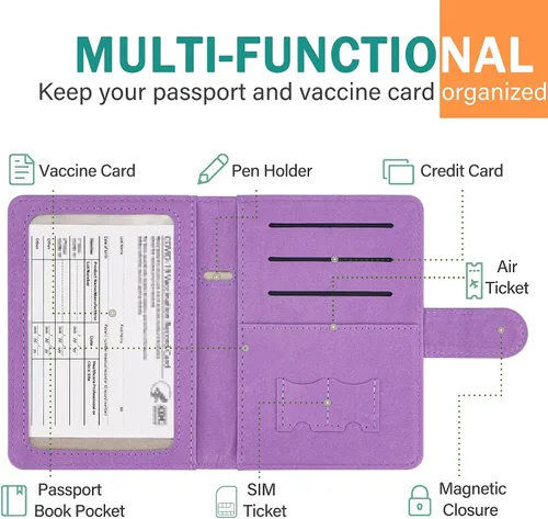 Miniatura 3 de Cartera de pasaporte mejorada y tarjetero de vacuna, multiusos, bloqueo RFID, cartera de cuero para pasaporte, soporte para tarjetas de vacuna CDC