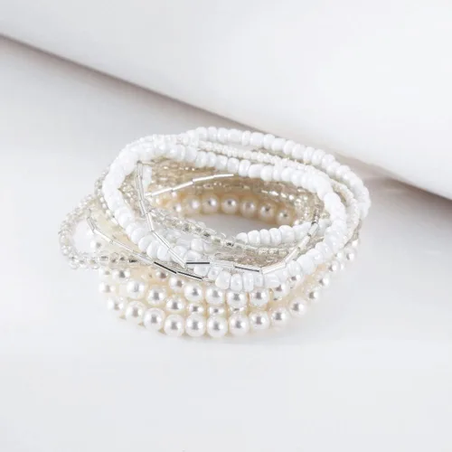 Miniatura 3 de Caiyao Juego de pulseras elásticas de perlas de imitación para mujer, multicapa con cuentas bohemias de semillas de arroz, hilo de perlas apilable