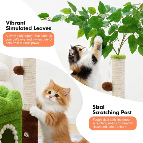 Miniatura 7 de Woochpet Árbol pequeño para gatos con poste rascador y pista de bolas, torre verde para gatos con hojas realistas para gatitos y gatos pequeños