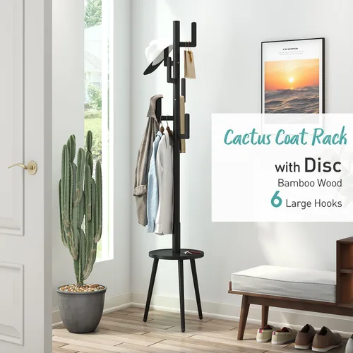 Miniatura 2 de Perchero de madera independiente con estante, árbol de abrigo de cactus de bambú, árbol de abrigo para ropa, bolsa/sombreros, soporte para entrada