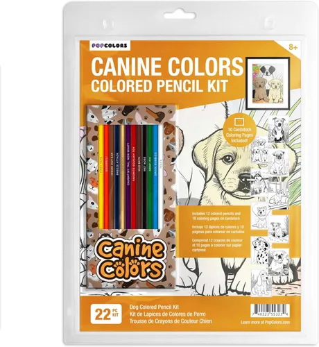 Lápices de colores caninos y páginas para colorear para los amantes de los perros | Juego de 12 lápices de colores con temática de cachorros con