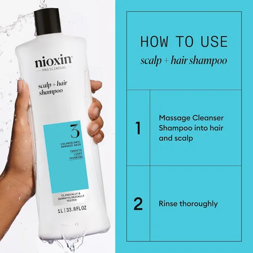 Miniatura 6 de Nioxin System 3 - Champú para el cuero cabelludo + engrosamiento del cabello, para cabello teñido, seco y dañado con ligero adelgazamiento, mantiene