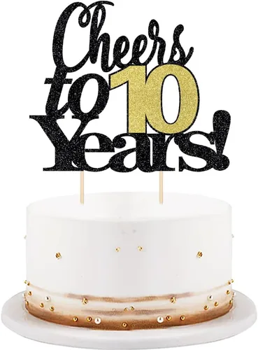 LVEUD Decoración para tarta de cumpleaños con números dorados de fuente negra con texto en inglés «Cheers to 10 Years» (10º)