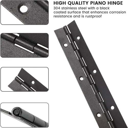Miniatura 6 de 2 bisagras de piano resistentes, 8 pulgadas, 304 bisagras negras continuas y de piano, 0.05 pulgadas de grosor, 1.2 pulgadas de ancho abierto, ideal