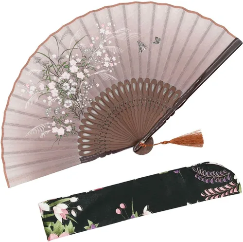 Miniatura 19 de OMyTea, abanico desplegable con motivo de flores de yuyos (8.27 pulgadas - 21 centímetros) con funda de tela para protección, estilo chino/japonés