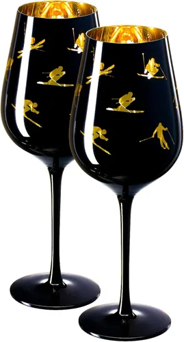 Copas de vino de esquí con tallo de cristal, juego de 2 copas de vino de 14 onzas con temática vibrante para deportes de nieve de invierno, esquí y