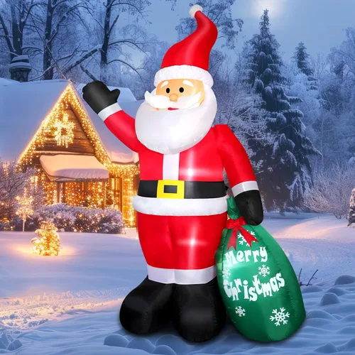 Papá Noel inflable de Navidad de 7 pies, decoración de interiores y exteriores, Papá Noel gigante inflable con bolsa de regalo verde, luces LED