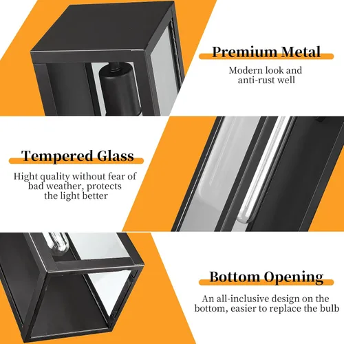 Miniatura 6 de Paquete de 2 lámparas de pared grandes para exteriores, luces de porche antioxidantes con vidrio templado, accesorios de iluminación exterior negros