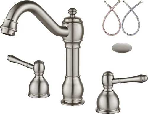 Miniatura 17 de Aolemi Grifo mezclador de lavabo de baño de 8 pulgadas, 3 agujeros, montaje en cubierta, con montaje de drenaje emergente, mango de doble palanca