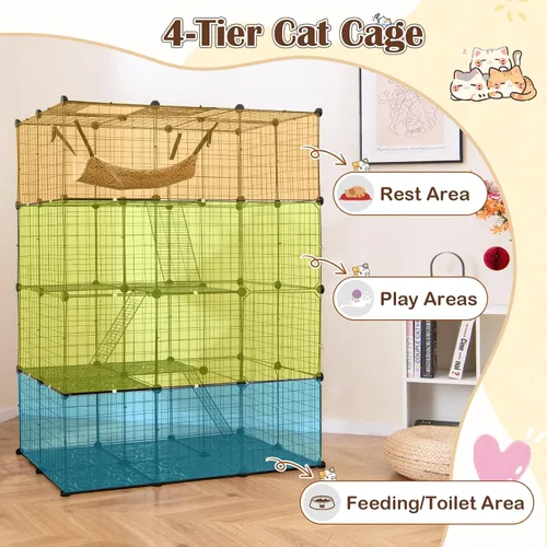 Miniatura 5 de Tangkula Jaula para Gatos de Interior, Recinto Grande para Gatos de 4 Niveles de 56" con Tragaluz, Hamaca, 3 Escaleras, Perrera de Alambre Metálico