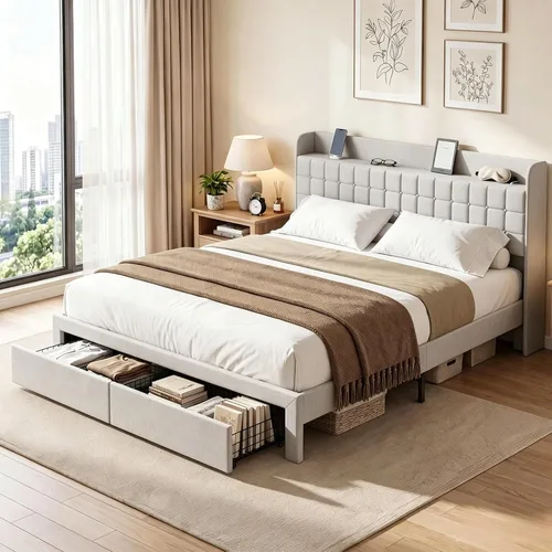 Miniatura 14 de DUMOS Base de cama tapizada de tamaño matrimonial, cama matrimonial con cajones de almacenamiento y cabecera de tela, soporte de listones de madera