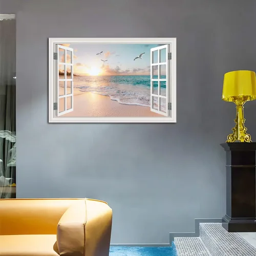 Miniatura 6 de Cuadro de pared de playa tropical para sala de estar, lienzo estilo marco de ventana, decoración de pared, palmera, impresión artística costera
