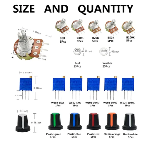 Miniatura 2 de Kit de potenciómetro B5K 10K 20K 50K 100K Ohm Lineal Taper Audio Rotativo Tipo B Potenciómetro con 1K 5K 10K 50K 100K 100K Ohm 3296W Multiturn
