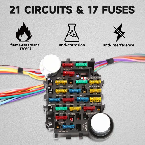 Miniatura 3 de Kit de arnés de cableado de 21 circuitos y 17 fusibles, arnés de cable universal extra largo para automóviles compatible con GM Chevy Mopar Hotrods