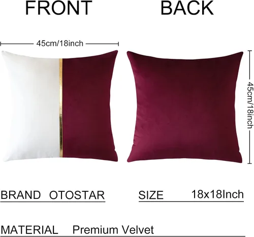 Miniatura 6 de OTOSTAR Fundas de cojín de terciopelo en rojo vino y blanco con parche de cuero dorado, lujo moderno minimalista, fundas de almohada cuadradas