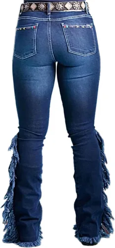 Miniatura 3 de Flamingals Jeans de corte de bota con dobladillo sin procesar con flecos laterales bordados para mujer, sin cinturón, pantalones casuales