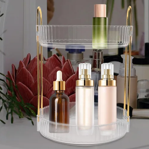 Miniatura 6 de Hemobllo Organizador de maquillaje giratorio con rotación transparente caja de almacenamiento de cosméticos estantes ajustables para tocador y baño