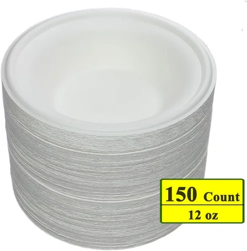 Miniatura 2 de Paquete de 150 cuencos redondos desechables de 12 onzas, ecológicos, 100% caña de azúcar, biodegradable, compostable, sin bagazo, sin plástico (150)